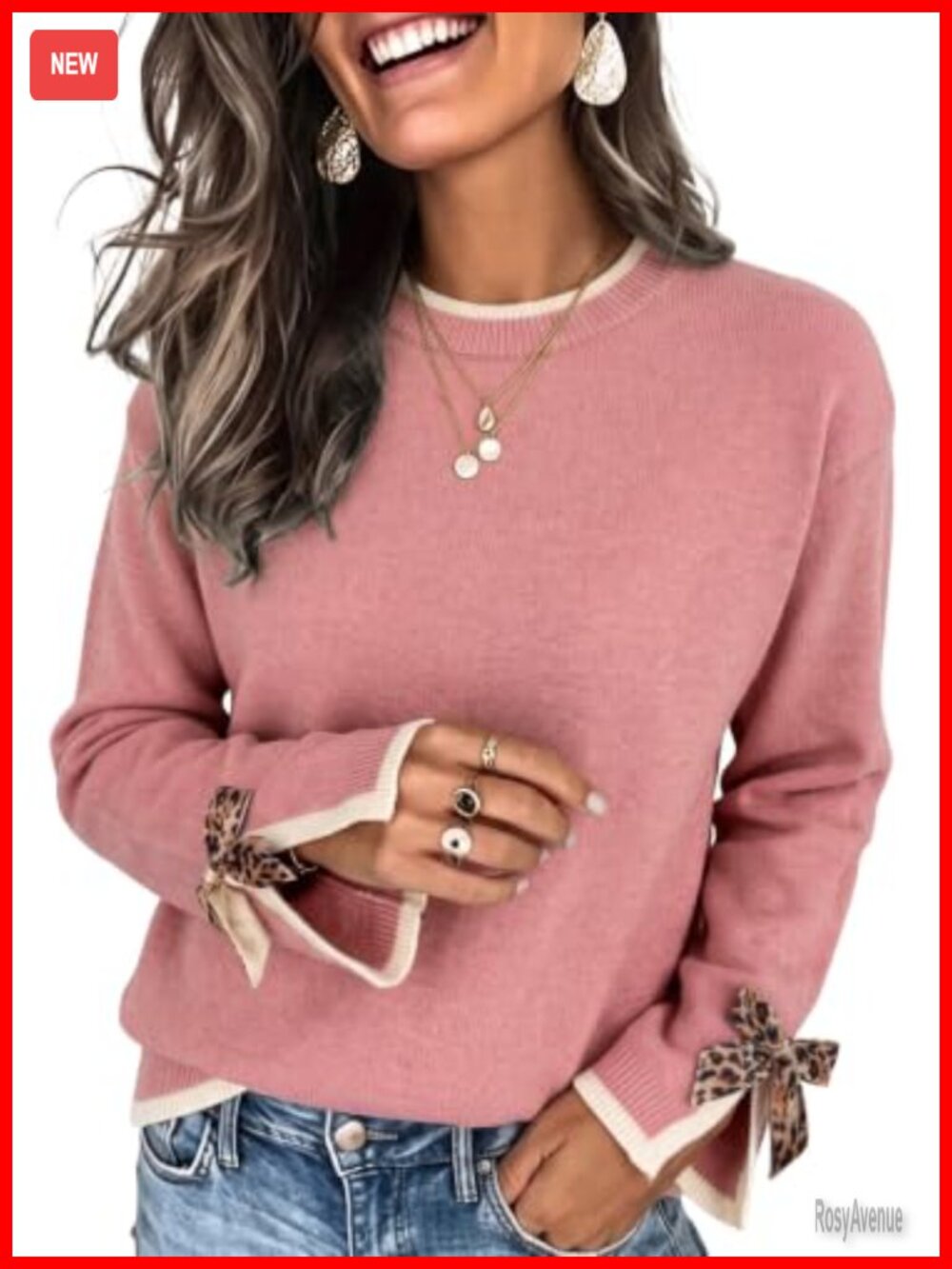 Leopard Print Bow Slit Cuff Long Sleeve Knit Sweater Pullover